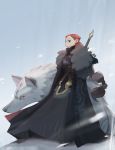  absurdres asanee_tejasakulsin braid cape facepaint fur_trim game_of_thrones ghost_(a_song_of_ice_and_fire) green_eyes highres red_hair sansa_stark skirt snow sword weapon wolf 