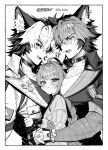  1girl 2boys animal_ear_fluff animal_ear_piercing animal_ears bandaged_arm bandages black_hair boy_sandwich choker colored_bangs commentary_request dog_boy dog_ears edajima_denki height_difference hetero highres komano_manato komano_manato_(white_heart_silhouette) multicolored_hair multiple_boys muscular muscular_male official_alternate_color partially_colored pectorals red_hair sandwiched scar scar_across_eye scar_on_chest scar_on_face shirt short_hair shoulder_hair two-tone_hair ukinami_yuzuha zenless_zone_zero 