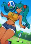  2girls absurdres aqua_eyes aqua_hair argentina argentinian_flag argentinian_flag_print argentinian_miku argentinian_national_soccer_team_uniform ball blue_shorts blue_sky brazilian_flag brazilian_flag_print brazilian_miku breasts commentary day dual_persona english_commentary flag_print ghelber0 grin hatsune_miku highres large_breasts long_hair medium_breasts multiple_girls navel outdoors panty_straps short_shorts shorts sky smile soccer_uniform solo_focus sportswear sweat tank_top twintails vocaloid worldwide_miku yellow_tank_top 