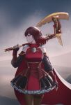  1girl alavastircloud axe black_hair black_skirt breasts cape detached_sleeves emblem flower grey_eyes highres holding holding_axe holding_weapon looking_to_the_side pantyhose red_shirt red_skirt rose rwby shirt short_hair skirt solo summer_rose weapon white_cape 