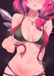  1girl absurdres arm_behind_head asymmetrical_wings bikini black_bikini black_bow bow breasts commentary commission crystal_wings double_bikini eyes_out_of_frame facing_viewer hair_bow hair_over_shoulder halterneck head_out_of_frame highres hololive hololive_english irys_(hololive) irys_(holonatsu_paradise)_(hololive) jewelry large_breasts layered_bikini long_hair low_side_ponytail navel necklace official_alternate_costume official_alternate_hairstyle open_mouth purple_background purple_hair shift_(shiftillust) side_ponytail simple_background solo stomach string_bikini sweat swimsuit triangle_bikini_top untied_bikini_top untranslatable_commentary virtual_youtuber wings 