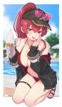  1girl a-ka arrow_through_heart bare_shoulders baseball_cap bikini black_hat black_jacket blue_sky blurry blurry_background blush border breasts brown_sandals chair cleavage cloud cloudy_sky collarbone commentary_request dot_nose double-parted_bangs earrings eyewear_on_head foliage food food_on_body food_on_breasts food_on_hand full_body gladiator_sandals gold_necklace gold_trim groin hair_between_eyes halterneck hands_up hat head_tilt heart heart-shaped_eyewear heart_earrings heart_necklace heterochromia high_ponytail highres holding holding_food holding_ice_cream holding_ice_cream_cone hololive hood hood_down hooded_jacket houshou_marine houshou_marine_(summer) ice_cream ice_cream_cone jacket jacket_partially_removed jewelry kneeling large_breasts licking licking_finger long_hair looking_at_viewer loose_hair_strand lounge_chair navel necklace o-ring o-ring_thigh_strap official_alternate_costume official_alternate_hairstyle open_clothes open_jacket outdoors outline outside_border patio_umbrella ponytail pool poolside purple-tinted_eyewear raised_inner_eyebrows red_bikini red_eyes red_hair revision sandals sidelocks signature sky smile solo stomach string_bikini summer sunglasses swimsuit thigh_strap thighs tinted_eyewear tongue tongue_out tree two-sided_fabric two-sided_jacket virtual_youtuber water watermark white_border white_outline yellow_eyes 