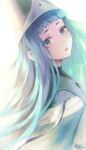  1girl absurdres aqua_cloak blue_eyes blue_hair cloak commentary hat highres long_hair open_mouth porukana qifrey's_atelier_apprentice_uniform richeh_(tongari_boushi_no_atelier) solo tongari_boushi_no_atelier 