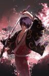  1boy blood blood_on_clothes blood_on_face blood_on_weapon castle cherry_blossoms commentary_request floral_print flower gintama hair_over_one_eye highres holding holding_weapon japanese_clothes kimono male_focus night sash sheath short_hair solo takasugi_shinsuke unsheathing uuqt7 weapon 