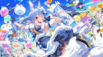  1girl aircraft animal_ears armpits balloon blue_corset blue_gloves blue_hair blue_shoes blue_skirt blue_sky bow braid breasts carrot_hair_ornament center_frills commentary_request corset day detached_sleeves don-chan_(usada_pekora) extra_ears food-themed_hair_ornament frills fur-trimmed_skirt fur_leg_warmers fur_scarf fur_sleeves fur_trim game_asset gloves hair_bow hair_ornament highres hikimayu hikosan hololive hololive_dreams hot_air_balloon layered_skirt leg_warmers long_hair looking_at_viewer multicolored_hair non-web_source official_alternate_costume official_art outdoors outstretched_arm pekomon_(usada_pekora) pom_pom_(clothes) pom_pom_hair_ornament rabbit-shaped_pupils rabbit_ears rabbit_girl red_eyes self-datamine shirt shoes short_eyebrows skirt sky sleeveless sleeveless_shirt small_breasts solo symbol-shaped_pupils thick_eyebrows twin_braids two-tone_hair usada_pekora usada_pekora_(1st_costume) usada_pekora_(playful_rabbit_field) v v_over_eye virtual_youtuber white_hair white_shirt 