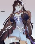  1girl artist_name asymmetrical_gloves black_gloves black_hair black_shrug blue_dress blue_eyes blue_hair breasts cleavage cleavage_cutout clothing_cutout colored_inner_hair commentary coral cowboy_shot crown dress earclip earrings eyeliner gem gloves hair_ornament head_ornament highres honkai:_star_rail honkai_(series) hysilens_(honkai:_star_rail) jewelry long_hair long_sleeves looking_at_viewer makeup mini_crown mismatched_gloves multicolored_hair necklace pearl pearl_earrings pomuya red_eyeliner see-through_body shrug_(clothing) simple_background skirt smile solo twitter_username very_long_hair white_background zettai_ryouiki 