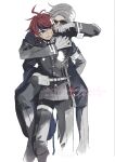  2boys ahoge aotsuki_eito armband black_streaks blue_eyes commentary gakuran glasses gloves grey_hair grey_jacket hikarudaihuku jacket male_focus multicolored_hair multiple_boys pants red_hair school_uniform short_hair simple_background streaked_hair sumino_takumi sword the_hundred_line_-last_defense_academy- two-tone_hair weapon white_background 