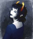  1girl aranea_serket asymmetrical_horns blank_eyes blue_dress blue_eyeshadow blue_hair blue_lips colored_skin commentary dress english_commentary eyeshadow fangs glasses gloviiz head_tilt highres homestuck horns looking_back makeup mismatched_horns pointy_ears portrait realistic signature smile solo troll_(homestuck) white-framed_eyewear white_skin 