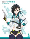  absurdres black_hair character_name colt_python commentary_request earrings fingerless_gloves garter_straps girls_frontline gloves green_eyes grin gun hand_on_hip handgun highres holster jewelry md5_mismatch mole mole_under_eye necktie python_(girls_frontline) revolver short_shorts shorts shoulder_holster smile trigger_discipline weapon z3alot 