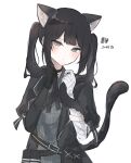  1girl ammunition_pouch animal_ears arm_belt asymmetrical_gloves bandaged_arm bandaged_hand bandages black_choker black_coat black_dress black_gloves black_hair black_ribbon cat_ears cat_tail character_name choker closed_mouth coat collared_dress commentary_request dress gloves grey_eyes highres holding_own_hair kasai_(ksichan_25) kemonomimi_mode kurobe_nanoka long_hair looking_at_viewer mahou_shoujo_no_majo_saiban neck_ribbon plaid_clothes plaid_dress pouch ribbon simple_background solo tail translated twintails upper_body white_background 