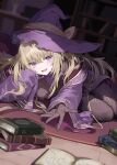  1girl amagasa_yun blonde_hair blurry bodystocking bodysuit book book_stack bookshelf breasts commentary_request elfilia_(grimm_connect) grimm_connect hat highres long_hair long_sleeves looking_at_viewer lying on_floor on_side open_book open_mouth purple_eyes purple_robe reaching robe smile solo wide_sleeves witch witch_hat 