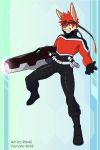  2018 action_pose anthro clothed clothing digital_media_(artwork) full-length_portrait hair headband holding_object holding_weapon kemono lagomorph laser_gun male mammal portrait pose rabbit ranged_weapon raxkiyamato red_hair red_jacket smile solo standing teeth weapon 