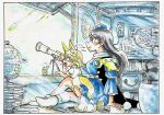  2girls aged_down air_conditioner animal_ears black_hair blue_hat book book_stack bookshelf commentary_request conical_hat day fox_ears fox_girl fox_tail globe hat iizunamaru_megumu indoors jar kettle kudamaki_tsukasa long_hair medium_hair morisshii_(morishiey) multiple_girls phone red_eyes shadow socks sunlight tail telescope tokin_hat touhou tripod white_socks window 
