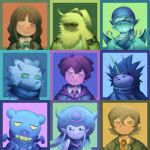  2girls 6+boys absurdres amanokawa_hiro angoramon bandages brown_hair cape collared_shirt digimon digimon_(creature) digimon_ghost_game espimon fang fortunemagex furry furry_male gammamon grey_hair gulusgammamon hamster higashimitarai_kiyoshiro highres horns jacket jellyfish_girl jellymon mask mouth_mask multiple_boys multiple_girls mummy mummymon rabbit_boy scarf school_uniform shirt single_horn smile tentacle_hair triceratops tsukiyono_ruli white_shirt yellow_eyes yellow_shirt 