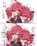  2girls ahoge biting_shoulder black_shirt blush commentary_request drill_hair dual_persona fang gradient_background grey_jacket highres jacket kasane_teto kasane_teto_(sv) kasane_teto_(utau) licking_shoulder mochimochi_(kh0km4owii6325) mouth_hold multiple_girls one_eye_closed red_eyes red_hair revision ribbon selfcest shirt sleeveless sleeveless_shirt speech_bubble sweat synthesizer_v tears translation_request twin_drills utau white_background white_ribbon yuri 