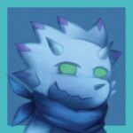  1boy aqua_border blue_background blue_scarf border chibikemo closed_mouth colored_skin digimon digimon_(creature) digimon_ghost_game fortunemagex furry furry_male gammamon green_eyes highres horns male_focus scarf simple_background solo triceratops 