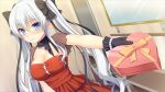  1girl black_bow black_collar black_gloves blue_eyes blush bow box breasts closed_mouth collar collarbone detached_collar detached_sleeves door dress dutch_angle electrical_outlet evening_gown frilled_dress frilled_sleeves frills fuyuichi_monme game_asset gift gift_box gloves grey_sleeves hair_bow harizome_shione holding holding_gift incoming_gift indoors large_breasts long_hair looking_at_viewer mirror multiple_hair_bows non-web_source nose_blush off-shoulder_dress off_shoulder official_art outstretched_arm red_dress ren'ai_x_royale self-datamine shelf short_sleeves solo twintails very_long_hair white_hair 