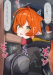  1boy 1girl absurdres black_hat black_horns blush breasts censored commentary_request curled_horns dark-skinned_male dark_skin dragon_girl dragon_horns erection green_eyes hair_between_eyes hat hetero highres horns large_breasts long_hair mechanical_horns mosaic_censoring ng1sh8 open_mouth orange_hair orange_pupils orphie_magnusson penis pointy_ears sound_effects speech_bubble steaming_body translation_request twintails zenless_zone_zero 