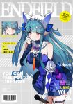  1girl absurdres arknights arknights:_endfield bare_shoulders blue_dress blue_hair blush breasts chinese_commentary commentary_request cover cover_page covered_horns cowboy_shot demon_girl detached_sleeves dress fake_cover fake_magazine_cover frilled_dress frills hair_ornament hand_up headdress heart heart_o-ring highres holding holding_microphone idol_clothes last_rite_(arknights) leaning_forward long_hair long_sidelocks magazine_cover medium_breasts microphone o-ring o-ring_thigh_strap pointy_ears red_eyes sidelocks solo thigh_strap too_many_hair_ornaments tupikeee two_side_up 