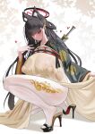  1girl absurdres alternate_costume animal_ears ass black_hair blue_archive blush breasts chinese_clothes closed_mouth collarbone commentary_request covered_nipples dress fingernails fox_ears hair_ornament hairclip halo hanfu heart high_heels highres large_breasts leaf long_hair long_sleeves on_one_knee pantyhose purple_nails red_eyes rio_(blue_archive) see-through_clothes see-through_dress see-through_pantyhose simple_background skindentation solo sword thick_thighs thighs weapon white_pantyhose xox1179875 