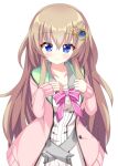  1girl 9-nine- bad_id bad_pixiv_id belt blue_eyes blush bow breast_suppress breasts brown_hair buttons cardigan chest_bow clenched_hand closed_mouth cowboy_shot double-breasted dress eyes_visible_through_hair gear_hair_ornament grey_belt hair_between_eyes hair_ornament hands_up highres kujou_miyako large_breasts long_hair looking_at_viewer open_cardigan open_clothes pink_bow pink_cardigan sidelocks simple_background sleeves_past_wrists smile solo split_mouth star_(symbol) star_print very_long_hair white_background white_dress wing_hair_ornament wistar1as 