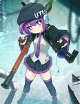  0w0_(artist) 1girl :/ absurdres audio_jack beret black_hat black_skirt black_sleeves bolt_action boots breasts bright_pupils cable cheytac_m200 closed_mouth collared_shirt commentary cowlick from_above gun hat hat_writing head_tilt headphones highres holding holding_gun holding_rocket_launcher holding_weapon industrial_pipe knee_boots legs_apart light_blush long_sleeves looking_at_viewer looking_to_the_side necktie over_shoulder pleated_skirt purple_eyes purple_hair purple_necktie purple_trim radio_antenna rifle robot_ears rocket_launcher rpg-7 rpg_(weapon) shirt short_hair skirt small_breasts sniper_rifle solo standing utane_uta utau wading weapon weapon_over_shoulder white_pupils white_shirt wide_sleeves 