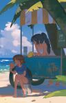  2girls =_= arm_rest beach black_hair blue_sandals blue_shirt blue_sky blush breasts brown_hair cloud collarbone commentary_request crew_neck cup degrees_of_lewdity disposable_cup facing_ahead full_body grey_shorts hair_bun hand_fan high_ponytail hot knees_together_feet_apart korean_commentary leaning_forward long_hair market_stall medium_breasts multiple_girls ocean outdoors palm_tree paper_fan pinchiheadlock player_character_(degrees_of_lewdity) player_character_(female)_(degrees_of_lewdity) ponytail raised_inner_eyebrows robin_(degrees_of_lewdity) robin_(female)_(degrees_of_lewdity) sandals shirt short_hair short_sleeves shorts sitting sky slides small_breasts spaghetti_strap standing sweat tree uchiwa water 