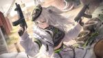  1girl :d animal_ear_piercing animal_ears beret black_hat black_shirt breasts camouflage camouflage_hat camouflage_shirt cargo_pants commentary_request crane_(machine) cropped_jacket cropped_shirt dual_wielding fur-trimmed_jacket fur_trim game_asset grey_eyes grey_hair grin guchico gun hat highres holding holding_gun holding_weapon hololive hololive_dreams jacket large_breasts lion_ears lion_girl lion_tail long_hair looking_at_viewer midriff navel non-web_source official_alternate_costume official_art pants self-datamine shipping_container shirt shishiro_botan shishiro_botan_(lion's_deadeye) sidelocks skorpion_vz._61 smile solo submachine_gun tail trigger_discipline two_side_up virtual_youtuber weapon white_jacket white_pants 