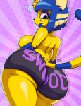  2018 ? animal_crossing ankha_(animal_crossing) anthro big_butt blue_hair breasts butt cat clothed clothing conditional_dnp digital_media_(artwork) egyptian eyeshadow feline female hair looking_back makeup mammal nintendo rear_view short_hair side_boob signature solo teckworks text thick_thighs topless video_games wide_hips 
