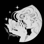  1boy absurdres adam's_apple aquiline_nose closed_eyes eyelashes flower from_side greyscale hairline highres iliothermia lips long_hair male_focus monochrome nose original solo sparkle upper_body 