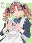  1girl absurdres apron averting_eyes black_dress bow bowtie brown_eyes brown_hair commentary_request dress enmaided green_background heart heart_hands highres juliet_sleeves long_hair long_sleeves maid maid_apron maid_headdress official_alternate_costume open_mouth puff_of_air puffy_sleeves shirai_kuroko signature simple_background solo starry_sky_maid starry_sky_print takuya51 toaru_kagaku_no_railgun toaru_majutsu_no_index twintails twitter_username two-tone_background upper_body white_background 