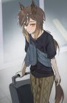  1girl airport animal_ears blue_jacket brown_eyes brown_hair casual checkered_clothes checkered_jacket closed_mouth clothes_across_chest commentary cowboy_shot ear_covers english_commentary epsyaa fanny_pack from_above from_side gradient_hair grey_shirt hair_between_eyes hair_tubes highres horse_ears horse_girl horse_tail indoors jacket jacket_across_chest long_hair looking_at_viewer low_ponytail metal_hair_tubes mismatched_ear_covers multicolored_eyes multicolored_hair official_alternate_costume pants patterned_clothing patterned_legwear ponytail rolling_suitcase shirt short_sleeves signature single_hair_tube solo stay_gold_(casual)_(umamusume) stay_gold_(umamusume) streaked_hair suitcase t-shirt tail umamusume upturned_eyes walking white_streaks yellow_pants 
