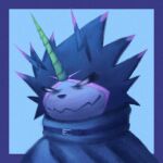  1boy angry belt black_sclera blue_background blue_border border cape closed_mouth colored_sclera colored_skin digimon digimon_(creature) digimon_ghost_game fortunemagex gulusgammamon highres horns looking_to_the_side male_focus multicolored_skin sharp_teeth simple_background solo teeth triceratops two-tone_skin 