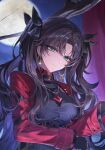  1boy 1girl aqua_eyes archer_(fate) archer_(honkai:_star_rail)_(fate) black_choker black_gloves black_hair black_ribbon black_shirt blue_sky bow_(weapon) breasts cape chain chain_necklace choker closed_mouth commentary earrings english_commentary fate/stay_night fate/unlimited_blade_works fate_(series) full_moon gem gloves gold_earrings hair_between_eyes hair_ribbon hands_up holding holding_bow_(weapon) holding_weapon honkai:_star_rail honkai_(series) hoop_earrings jacket jewelry large_breasts long_hair long_sleeves looking_at_viewer moon necklace night open_clothes open_jacket outdoors parted_bangs pendant red_cape red_gem red_jacket ribbon rin's_pendant_(fate) shirt sky smile solo_focus sparkle standing togo_111 tohsaka_rin tohsaka_rin_(honkai:_star_rail) two_side_up unfinished upper_body very_long_hair waist_cape wavy_hair weapon 