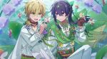  blonde_hair blurry blurry_background blurry_foreground brown_choker brown_eyes brown_gloves choker circlet closed_mouth commentary_request dew_drop earrings ensemble_stars! fairy fingerless_gloves flower flower_earrings frilled_sleeves frills gloves gold_circlet gold_trim green_ribbon green_sash hair_between_eyes hair_intakes hair_ornament hakaze_kaoru hand_up high_collar highres hokahoku_oimo holding holding_flower jewelry kanzaki_souma knee_up leaf leaf_hair_ornament light_blush long_hair looking_at_viewer low_ponytail male_focus mullet necklace official_alternate_costume pansy pants pectoral_cleavage pectorals pink_flower pink_pansy ponytail purple_eyes purple_flower purple_hair purple_pansy purple_rose ribbon ribbon-trimmed_sleeves ribbon_trim rose sash shirt single_sidelock sparkle twitter_username water_drop white_pants white_shirt yellow_flower 
