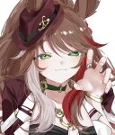  1girl animal_ears black_shirt bracelet breasts brown_hair chain_necktie choker claw_pose closed_mouth commentary_request ears_through_headwear fang fedora forever_young_(racing)_(umamusume) forever_young_(umamusume) green_choker green_eyes hat highres horse_ears horse_girl jacket jewelry long_hair looking_at_viewer multicolored_hair necktie red_jacket red_streaks ring shirt solo streaked_hair tree_est umamusume upper_body white_necktie white_streaks 