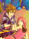  1girl blue_eyes brown_hair commentary_request dress gloves jewelry kairi_(kingdom_hearts) kingdom_hearts kingdom_hearts_ii looking_at_viewer medium_hair mushroom necklace open_mouth ramochi_(auti) red_hair smile sora_(kingdom_hearts) 