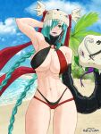  1girl absurdres alternate_costume animal_helmet aqua_hair arm_behind_head arm_snake arm_up armpits artcetona bare_shoulders beach bikini black_bikini blue_sky braid breasts cleavage closed_mouth cloud cloudy_sky commentary commission cowboy_shot digimon digimon_(creature) fangs fangs_out forked_tongue groin hair_between_eyes hair_over_one_eye hair_ribbon helmet highres large_breasts layered_bikini living_weapon long_hair looking_at_viewer low_twin_braids mervamon multicolored_bikini navel o-ring o-ring_bikini o-ring_top ocean outdoors palm_tree purple_lips red_bikini red_eyes ribbon sand sidelocks signature skindentation sky sling_bikini_top slit_pupils snake solo standing stomach swimsuit toned toned_female tongue tongue_out tree tress_ribbon twin_braids two-tone_bikini very_long_hair winged_helmet yellow_eyes 