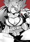  1girl absurdres amputee baiken breasts cleavage commentary_request eyepatch facial_tattoo gourd greyscale_with_colored_background guilty_gear guilty_gear_strive highres holding holding_gourd jacket jacket_on_shoulders japanese_clothes kataginu kimono large_breasts long_hair looking_at_viewer obi one-eyed open_clothes open_kimono partial_commentary ponytail red_background sash scar scar_across_eye scar_on_face simple_background sitting solo tattoo valve_core 