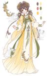  1girl absurdres bell blush braid brown_eyes brown_hair chinese_clothes chinese_commentary chuanhe_duanduanzi color_guide commentary_request dress english_text flower full_body gem green_ribbon hair_bun hair_flower hair_ornament hair_rings hanfu highres jewelry long_hair long_sleeves looking_at_viewer mixed-language_text open_mouth original osmanthus pearl pom_pom_(clothes) pom_pom_hair_ornament qixiong_ruqun red_eyes ribbon shuangyaji simple_background smile solo standing twin_braids watermark white_background yellow_dress 