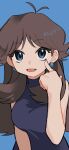  1girl akanbe antenna_hair blue_background blue_eyes bouro73 breasts brown_hair commentary_request earrings eyelashes eyelid_pull green_(pokemon) highres jewelry long_hair pokemon pokemon_adventures signature simple_background sleeveless solo tongue tongue_out upper_body 