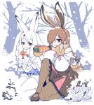  animal_ears arctic_hare_(kemono_friends) binoculars book breasts brown_footwear brown_hair brown_legwear brown_skirt bunny_ears bunny_tail capelet center_frills commentary day eating european_hare_(kemono_friends) eyebrows_visible_through_hair food food_on_face fur_collar fur_trim gradient_hair hair_over_one_eye high-waist_skirt japari_bun kemono_friends kneeling large_breasts long_hair long_sleeves looking_at_viewer mittens multicolored_hair multiple_girls outdoors pantyhose red_eyes seiza shirt sitting skirt smile snow tail translated tree very_long_hair white_hair white_legwear white_mittens white_shirt yoshida_hideyuki 