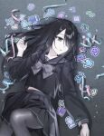  1girl 3kento84199 ame-chan_(needy_girl_overdose) ame-chan_(school_uniform)_(needy_girl_overdose) black_eyes black_hair black_pantyhose black_serafuku black_shirt black_skirt bow bowtie commentary grey_bow grey_bowtie hair_ornament hair_over_one_eye highres long_hair lying needy_girl_overdose pantyhose parted_lips school_uniform serafuku shirt skirt solo x_hair_ornament 