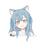  1girl animal_ears bang_dream! bang_dream!_it's_mygo!!!!! blue_eyes blue_hair blush cat_ears closed_mouth fake_animal_ears hair_ribbon highres long_hair nekomata_kaede off_shoulder portrait ribbon sidelocks simple_background smile solo togawa_sakiko two_side_up white_background yellow_eyes 