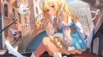  1girl back_bow bird blonde_hair blue_dress bow closed_mouth commentary_request dark-skinned_female dark_elf dark_skin day dove dress elf elfriend_(shiranui_flare) falling_feathers feathers game_asset hand_up high_ponytail highres hololive hololive_dreams juliet_sleeves knees_together_feet_apart large_bow long_hair long_sleeves looking_at_viewer multicolored_hair non-web_source official_alternate_costume official_art outdoors pointy_ears ponytail puffy_sleeves see-through_clothes see-through_sleeves self-datamine shiranui_flare shiranui_flare_(elven_gale_gondola) short_dress sidelocks sitting smile sola_(solo0730) solo streaked_hair virtual_youtuber white_bow white_streaks 