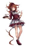  1girl animal_ears black_bow bow breasts brown_hair closed_mouth commentary_request dress ears_through_headwear fedora forever_young_(umamusume) full_body green_eyes hat horse_ears horse_girl long_hair looking_at_viewer maid medium_breasts multicolored_hair purple-tinted_eyewear red-tinted_eyewear red_dress red_shoes red_streaks shoes simple_background smile solo streaked_hair sunglasses tinted_eyewear tray umamusume white_background white_streaks yanagi_wakana 