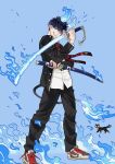  1boy ao_no_exorcist black_hair black_jacket black_pants blue_background blue_eyes blue_fire cat commentary_request fire highres holding holding_sword holding_weapon horns jacket kazue_kato kuro_(ao_no_exorcist) necktie nike_(company) official_art okumura_rin one_eye_closed pants pointy_ears sharp_teeth shirt short_hair signature smile sword teeth weapon white_shirt 