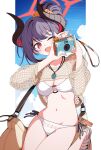  1girl bag bikini black_hair black_horns blue_archive breasts brown_bag camera chiaki_(blue_archive) chiaki_(swimsuit)_(blue_archive) cleavage commentary curved_horns demon_horns digital_camera fishnet_shrug hair_between_eyes hair_bun hair_ornament hair_scrunchie halo highres holding holding_camera horns jewelry long_hair looking_at_viewer medium_breasts navel necklace nichaku o-ring o-ring_bikini o-ring_top official_alternate_costume official_alternate_hairstyle one_eye_closed open_mouth pointy_ears red_eyes red_halo red_horns sandals scrunchie see-through_clothes see-through_shrug shrug_(clothing) single_hair_bun slit_pupils smile solo swimsuit white_bikini white_sandals yellow_scrunchie yellow_shrug 