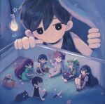  2girls 5boys aubrey_(headspace)_(omori) aubrey_(omori) ball basil_(headspace)_(omori) basil_(omori) black_cat cat curtains flower grass hero_(headspace)_(omori) hero_(omori) highres katnipjpg kel_(headspace)_(omori) kel_(omori) light_bulb mari_(headspace)_(omori) mari_(omori) mewo multiple_boys multiple_girls omori omori_(omori) picnic_basket sitting smile spatula sunny_(omori) 