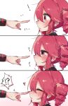  !? 2girls blush closed_eyes closed_mouth commentary drill_hair dual_persona finger_to_another's_nose gradient_background hand_blush heart highres kasane_teto kasane_teto_(sv) kasane_teto_(utau) mochimochi_(kh0km4owii6325) multiple_girls out_of_frame parted_lips pink_background red_eyes red_hair red_nails solo_focus spoken_interrobang translated twin_drills utau white_background yuri 